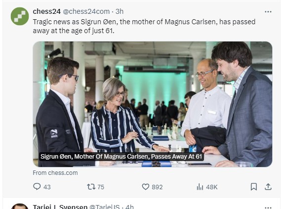 Chess World Mourns The Loss of Magnus Carlsen’s Mother