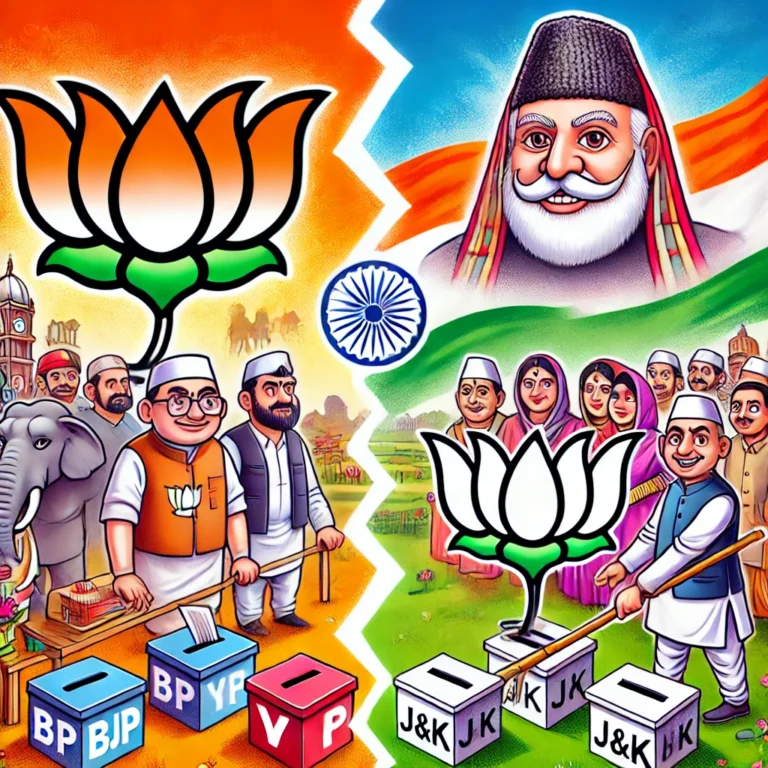 DALL·E 2024-10-09 13.33.37 - A cartoonish image representing the elections in Haryana and Jammu & Kashmir, symbolically showcasing political dynamics. The image should include key