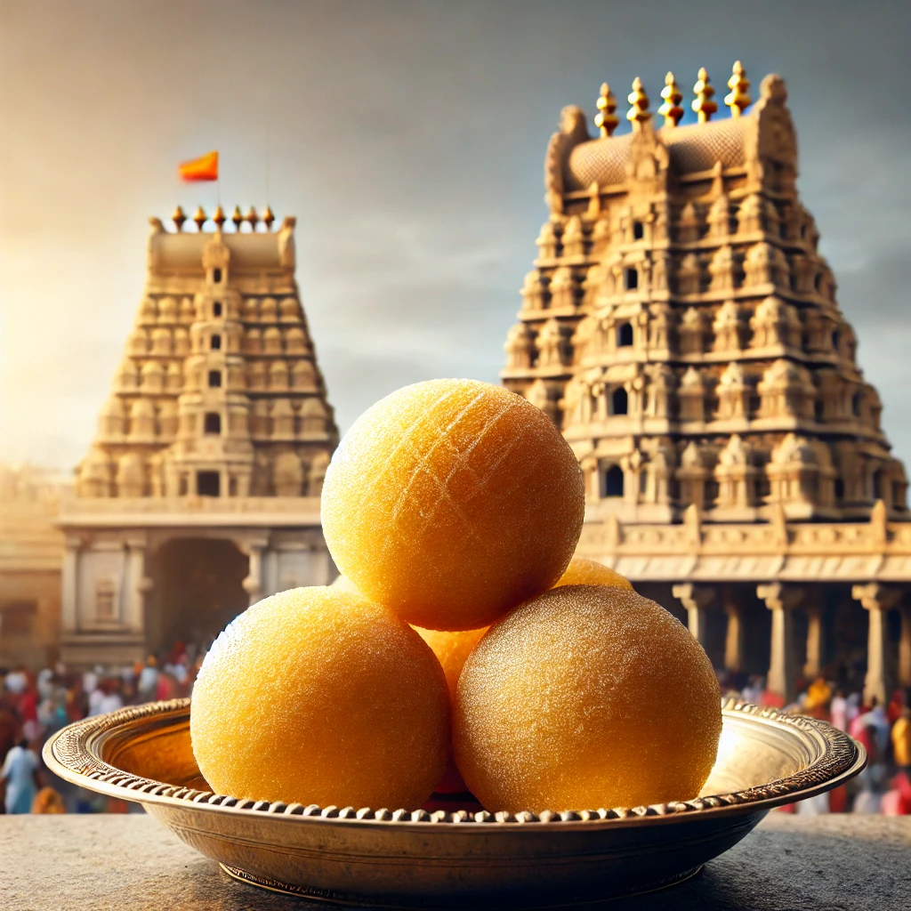 DALL·E 2024-10-04 22.05.37 - A close-up image of the famous Tirupati laddus, placed on a traditional plate with the iconic Sri Venkateswara Temple in the background. The laddus ar