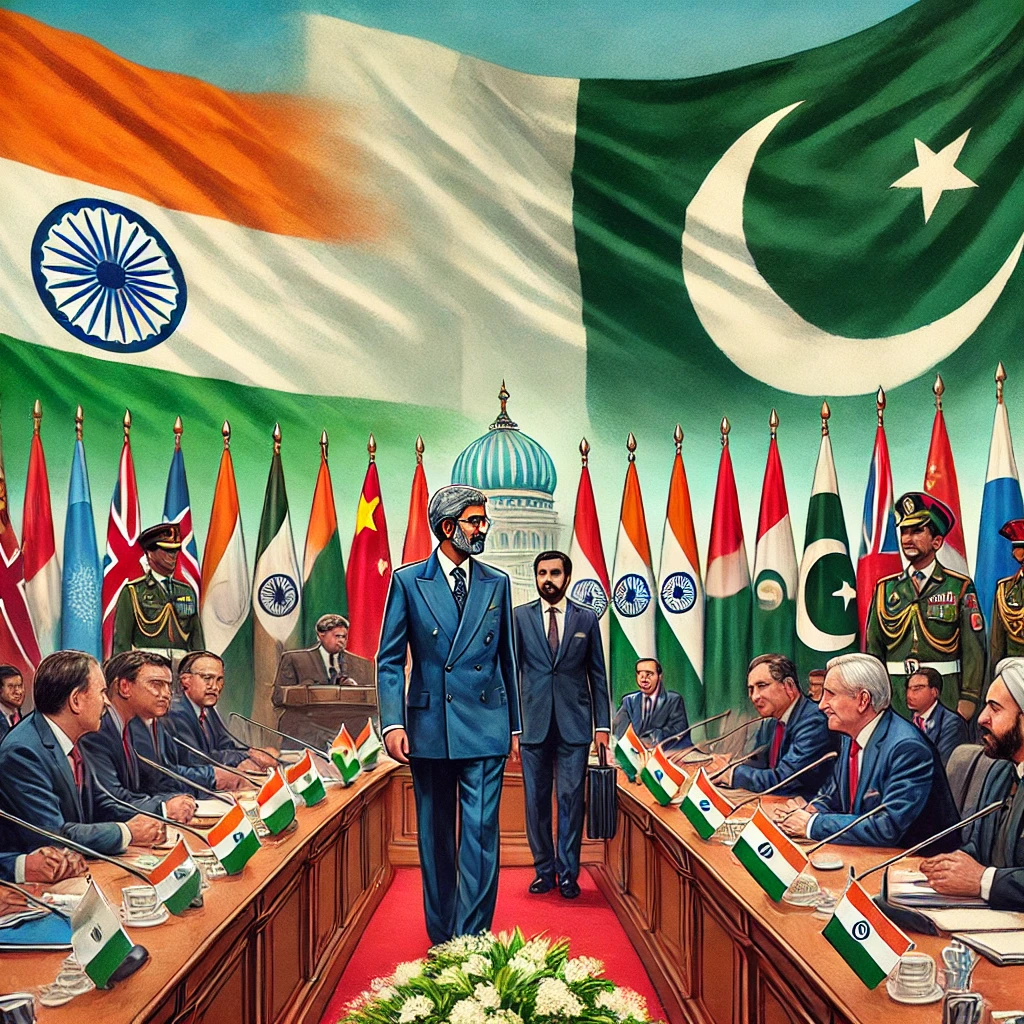 DALL·E 2024-10-05 13.15.47 - A diplomatic meeting between India's External Affairs Minister S. Jaishankar and Pakistani officials at the Shanghai Cooperation Organization (SCO) su